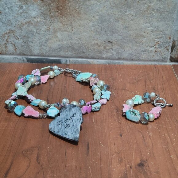 Double Strand Necklace Bracelet Set Double Mixed Pink Turquoise Stone Beads Cros - Picture 12 of 15